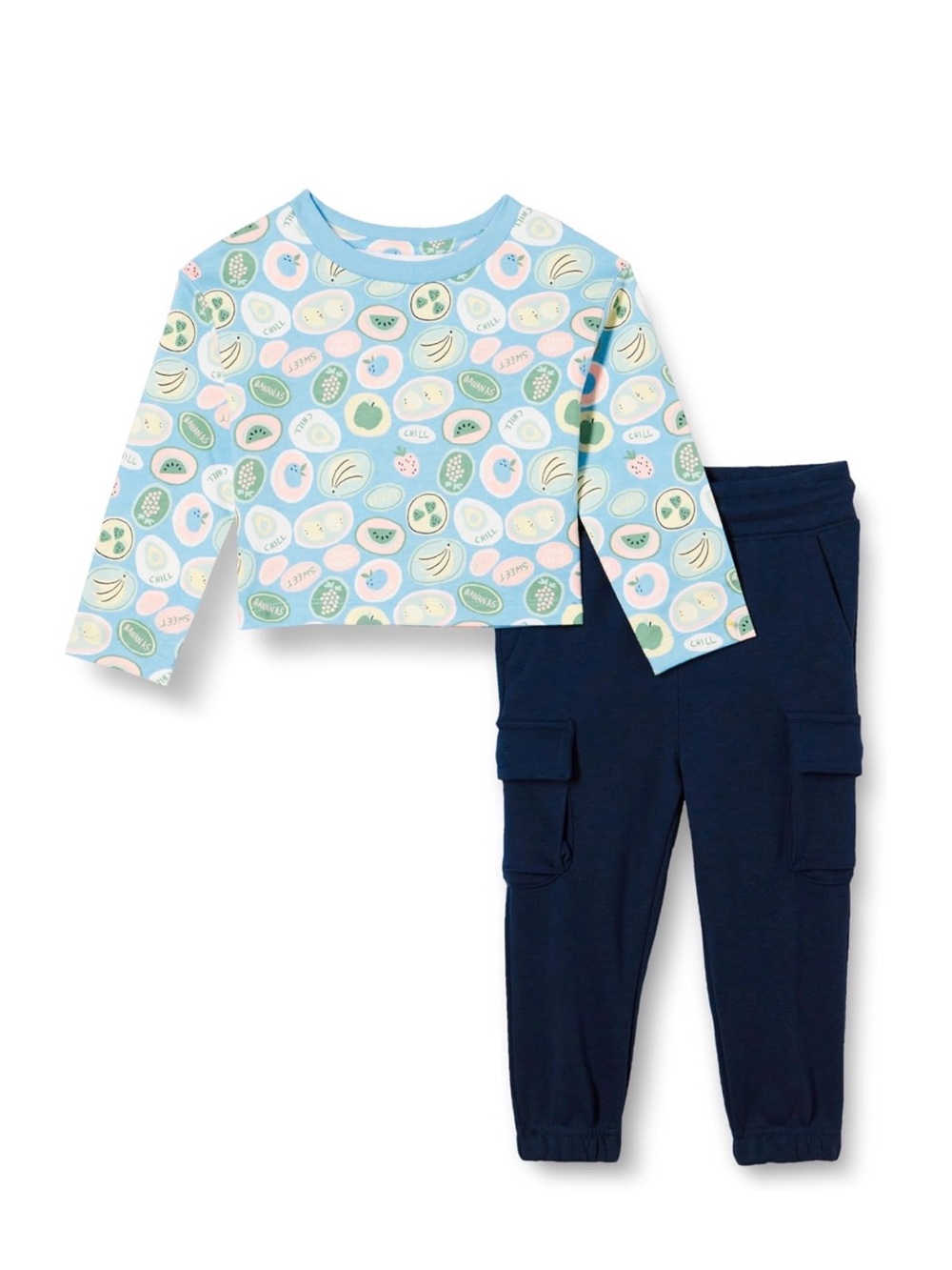 Girls Blue Fruit Print Long Sleeve Top & Navy Cargo Joggers Set